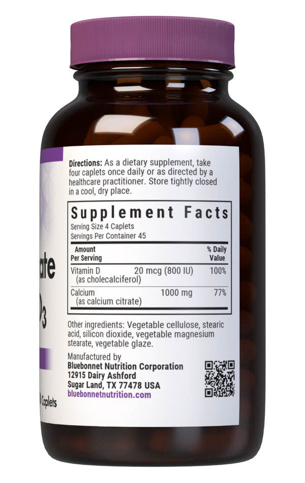 Calcium Citrate Plus Vitamin D3, 180 Caplets, Bluebonnet Nutrition