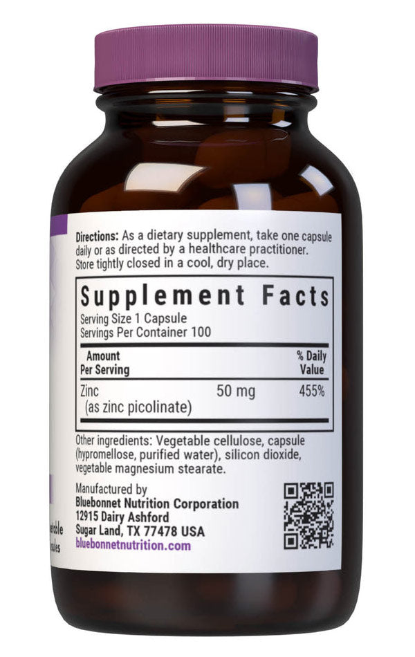 Zinc Picolinate 50 mg, 100 Vegetable Capsules, Bluebonnet Nutrition