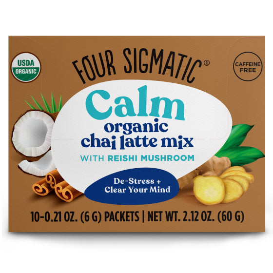 Calm Organic Chai Latte Mix with Reishi Mushroom, Caffeine Free, 10 Packets, Four Sigmatic