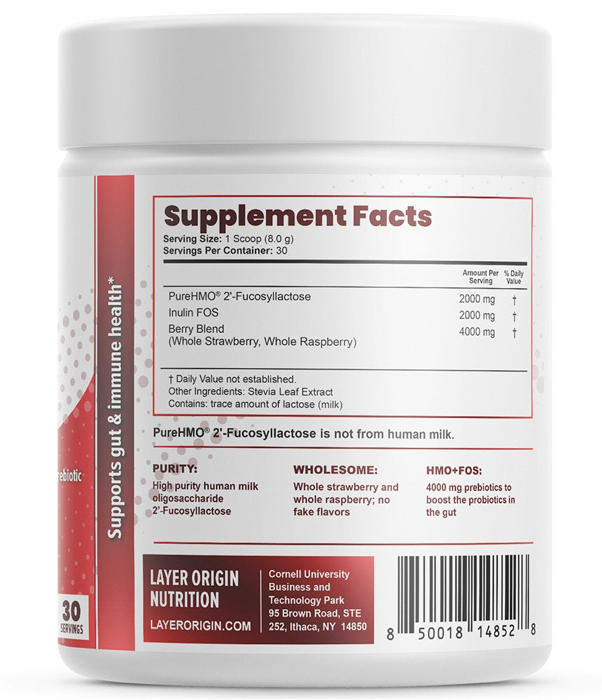 PureHMO Super Prebiotic Powder, with Strawberry & Raspberry, 30 Servings, Layer Origin Nutrition