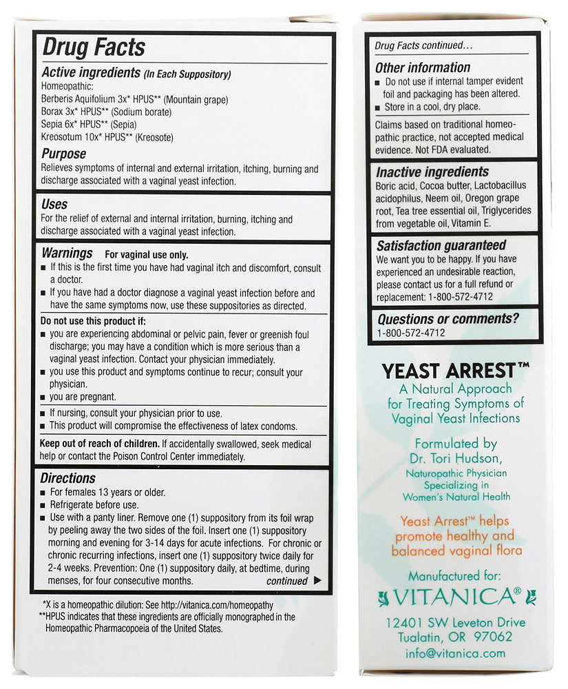 Yeast Arrest, Homeopathic Formula, 14 Vaginal Suppositories, Vitanica