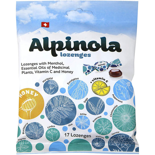Lozenges with Honey, Menthol, Essential Herbal Oil & Vitamin C, 17 Lozenges, Alpinola