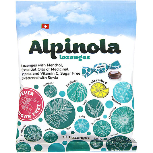 Sugar Free with Stevia Lozenges, with Menthol, Essential Herbal Oil & Vitamin C, 17 Lozenges, Alpinola