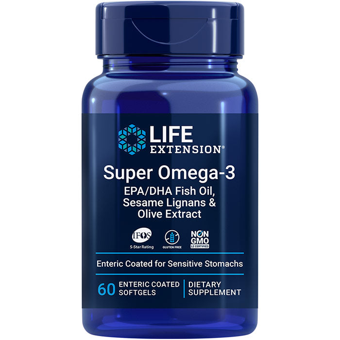 Super Omega-3 EPA/DHA Fish Oil, Sesame Lignans & Olive Extract, 60 Enteric-Coated Softgels, Life Extension